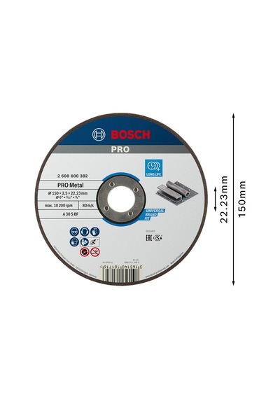 Bosch Professional Kesme Diski 150 X 2,5 Mm F Çelik 2608600382, Siyah