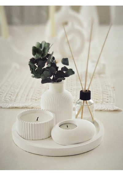 Dekoratif Tepside 5 Li Set Çizgili Vazo, Vanilya Kokulu Mum, Tealight Mumluk, Oda Kokusu Beyaz