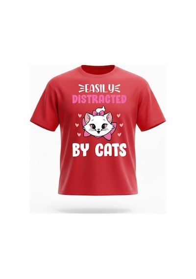 Urbantrendstore Kedili Tişört Kedi Baskılı Yarım Oversize Pamuklu Biskilet Ve Yuvarlak Yaka Tişört Tshirt Kırmızı