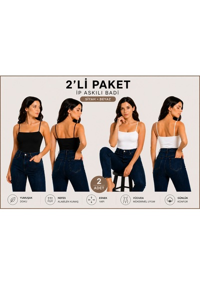 İngegno Body İp Askılı Straplez Örme Ring Kumaş Viskon Badi 2 Li Paket Siyah/beyaz Renk Siyah - Beyaz