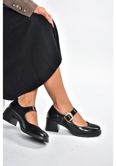 Fox Shoes T820236060 Siyah Rustik Kalın Topuklu Kadın Ayakkabı Siyah