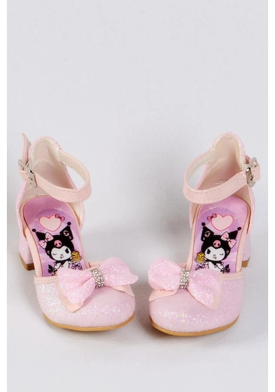 Nese Shoes Kız Çocuk Karakter Baskılı Topuklu Ayakkabı, Simli Fiyonklu Abiye Ayakkabı Pembe