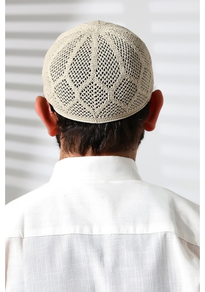 Makine Örgüsü Dantel Detaylı Namaz Takkesi Bej Bej