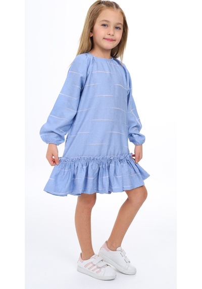 Toontoy Kız Çocuk Baskılı Relax Fit Bisiklet Yaka Reglan Uzun Kollu Volanlı Elbise - Mavi