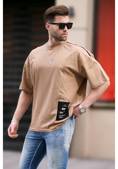 Madmext Kapuçino Desenli Oversize Erkek Tişört 7004-kapuçino Vizon