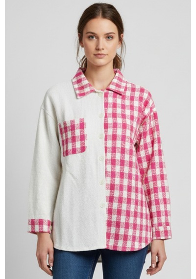 Kadın Pembe Oversize Fit Ekoseli Desenli Uzun Kollu %100 Pamuk Gömlek, Ceket, Kadın Oduncu Gömlek Pembe