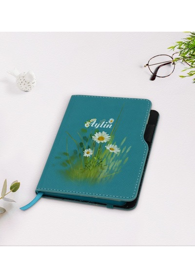 Kişiye Özel Papatya Temalı Turkuaz Termo Deri Defter-13