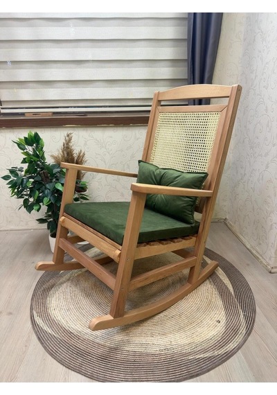 Asedia Veranda Naturel Yeşil Minderli Hasırlı Sallanan Sandalye Dinlenme Koltuğu