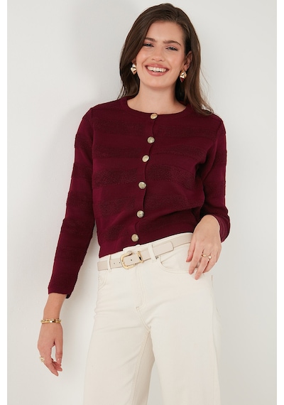 Lela Premium Regular Fit Bisiklet Yaka Düğmeli Dokulu Triko Bayan Hırka 680Hi00337 Bordo