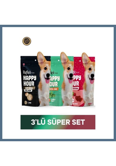 Buradabulabilirsin Reflex Plus Happy Hour Anti Aging Collagen & Dental Care - Ağız Ve Diş Sağlığı & Love Edition Köpek Ödül Maması Seti 3x60 Gr Bbz