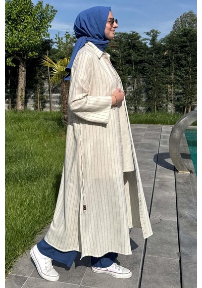 Rabia Şamlı Çizgili Natural Kap İndigo Normal