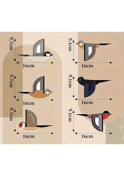 Cajuart 6 Parça Geometrik Desenli Kuşlar Dekoratif Duvar Tablo Dekor Süs 6 Adet