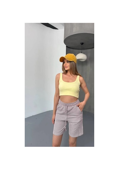 Thiff Gymwear Yandan Cepli Beli Bağcıklı Su Yolu Kadın Çizgili Şort Kırmızı