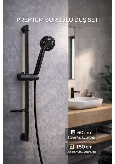 Duş Başlığı Duş Sistemi Sürgülü Premium Seri Siyah
