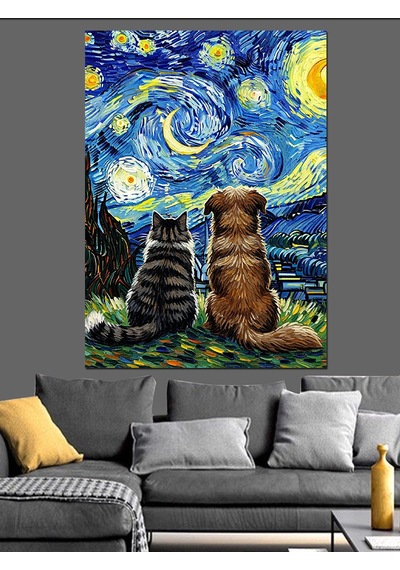 Van Gogh Yıldızlı Gece Soyut Kedi Ve Köpek Dekoratif Kanvas - Mdf Ahşap Tablo