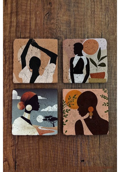 Doğal Taş Bardak Altlığı 4'lü Set - Kadın Figürleri Desenli - Stone Coasters Çok Renkli