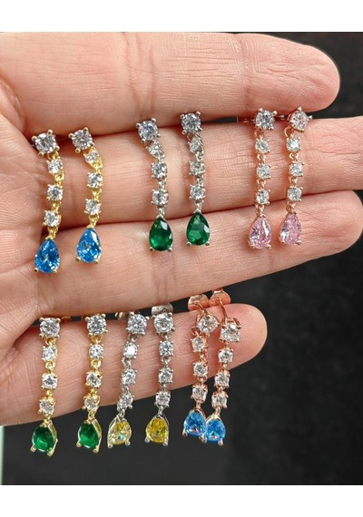 Beyaz Damla Taş Sallantılı Gümüş Küpe Pembe Altın