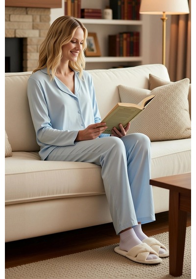 Benerly Kadın Gömlek Yaka Standart Kol Regular Kalıp Örme Pijama Takımı F mavi