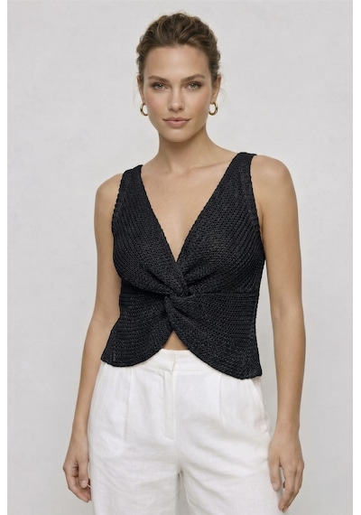 Neden Tekstil Twist Knot Detaylı Premium Kadın Triko Bluz V Yaka Örgü Dokulu Şık Crop Tasarım - Siyah
