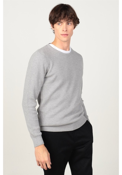 Tudors Slim Fit Dar Kesim Bisiklet Yaka Petek Desenli Erkek Kazak-1969 Gri