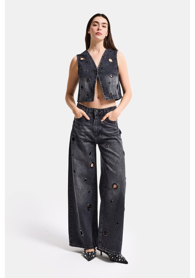 Itsbasic Kadın Koyu Füme 2s6-1 Baggy Fit Kuş Gözü Tasarım Denim Jean