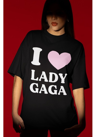 Sevbano Tasarım I Love Lady Gaga Şarkıcı Baskılı Unisex Oversize Tişört Siyah
