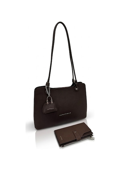 Just Polo Kadın Büyük Boy Premium Gümüş Logolu El Çantası Ve Cüzdanı Kombin Tote Bag Ebat : 22 X 34 Cm Kahverengi