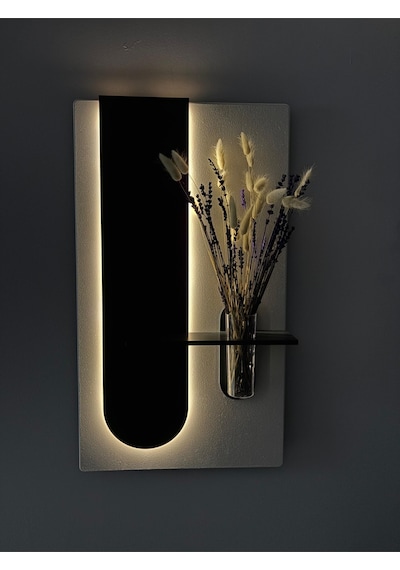 Okaliptus Ahşap Pilli Ledli İskandinav Tarzı Salon Duvar Rafı Modern Çiçeklik 40 X 70 Cm Paris Grisi - Antrasit