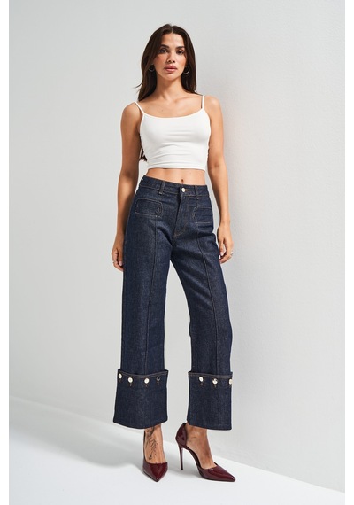 it's basic Kadın İndigo Renk 7w5-50 Crop Straight Fit Paça Detaylı Tasarım Denim Jean
