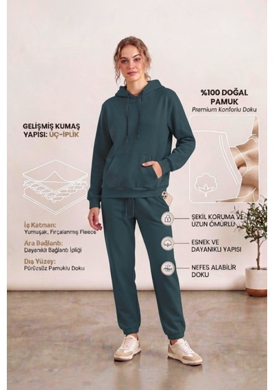 Moibody Kadın 3 İplik Şardonlu Eşofman Takımı Premium Kapüşonlu Sweatshirt Ve Jogger Alt Petrol Petrol