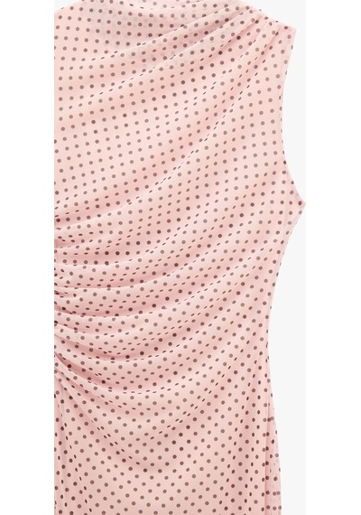 Koton Drapeli Slim Fit Kolsuz Bisiklet Yaka Puantiyeli Uzun Elbise Pembe Desenli 6sal80251ık