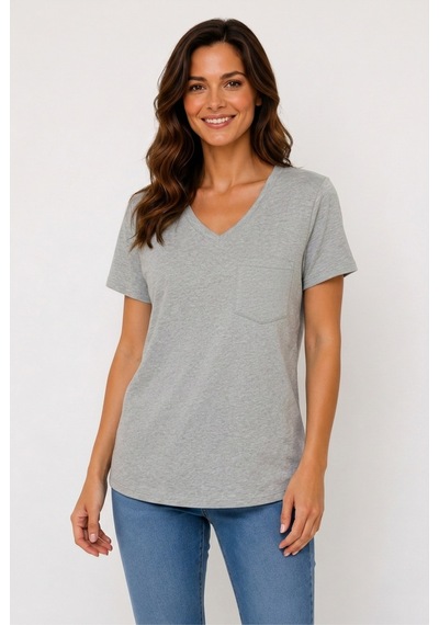 Lyvean V Yaka Cepli Oversize Tshırt Gri