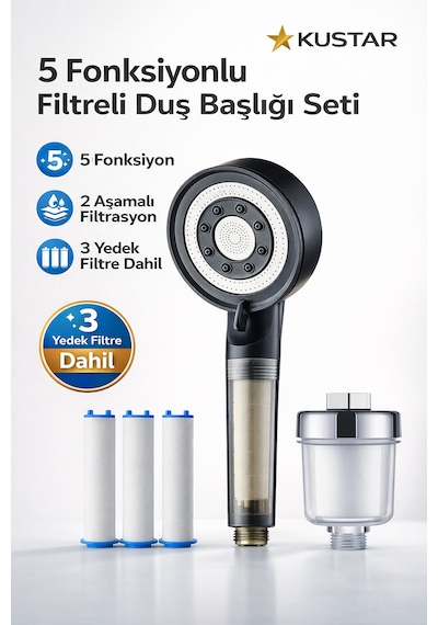 Filtreli Duş Başlığı Seti 3 Yedek Filtre + Harici Su Arıtma Aparatı 2 Aşamalı Filtrasyon Siyah