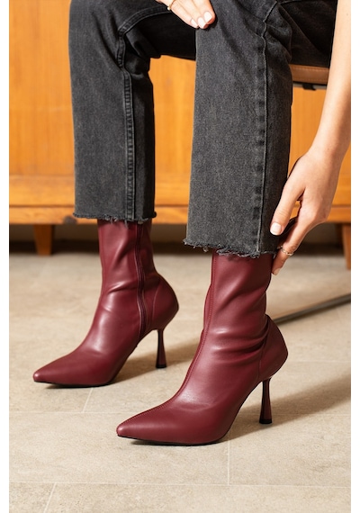 Dabab Shoes Marya Kadın Bordo Streç Cilt Sivri Burun Sıcak Astarlı Fermuarlı 7 Cm İnce Topuklu Bot Bootie