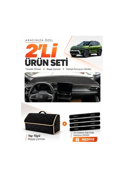 Renault Duster 2025-2027 Uyumlu Torpido Örtüsü + Tay Tüyü Bagaj Çantası + Sticker Seti - Siyah Bej