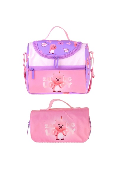 Kaukko Kids Kız Çocuk Loopy Baskılı Lila - Pembe Thermo Beslenme Çantası Ve Kalemlik Seti - Setkk-l5304