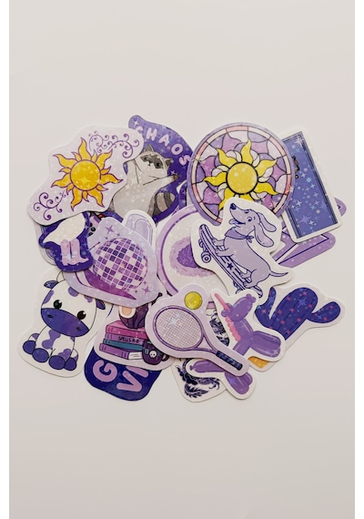 Mor Renk Temalı Hologram Stickerlar 21 Adet Sticker Paketi Suya Dayanıklı Laptop Termos Telefon Etiket Seti