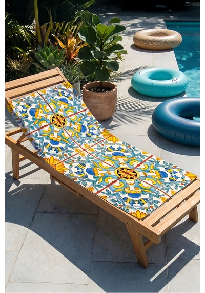 Çini Desenli Etnik Floral Plaj Havlusu - Akdeniz Bohem Mavi Sarı Hızlı Kuruyan Mikrofiber Havlu Sakin Esinti