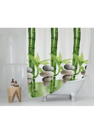 Banyo Perdesi Küf Tutmaz Duş Perdesi 180X200 Banyo Perdeleri Bamboo Desen Yeşil