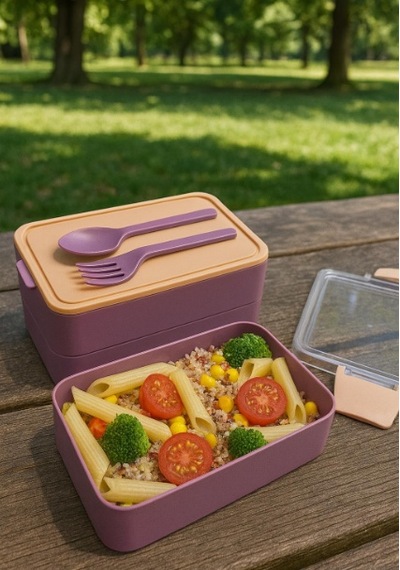 Titiz Fely 2 Katlı Öğle Yemeği Kabı - Çatal Kaşık Dahil - Sızdırmaz & Kilitli Lunch Box- Mor Renk Çok Renkli