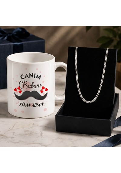 Bk Gift Kişiye Özel Babalar Günü Tasarımlı Beyaz Kupa & Sık Gurmet Zincir Kolye -3, Babalar Günü Hediyesi Gümüş