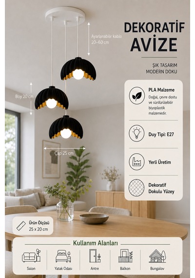 Lotus Çiçek Tasarım Üçlü Sarkıt Avize - Modern Tasarım Gece Lambası İç Dış Ortama Uygun - 25 Cm - Kahverengi Siyah