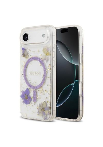 Apple Uyumlu iPhone 17 Air  Kılıf Guess Lisanslı M-safe Şarj Özellikli Transparan Resin Flowers Kapak Mor Mor