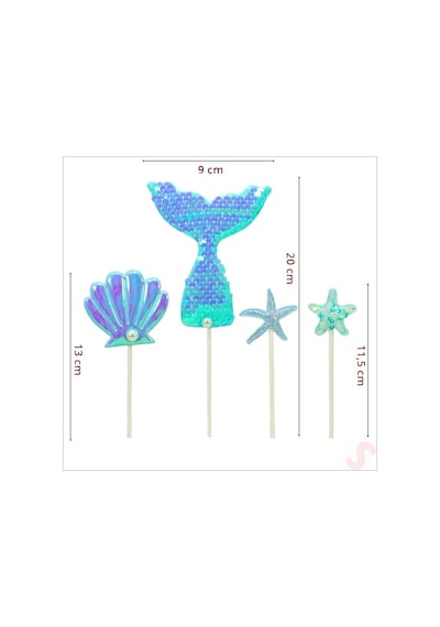 Deniz Kızı Pul Payetli Pasta Süsü, 4'lü Set - Mavi