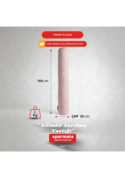 Xpermate Sarılma Yastığı Bacak Arası Yastığı Silindir 150cm Pembe