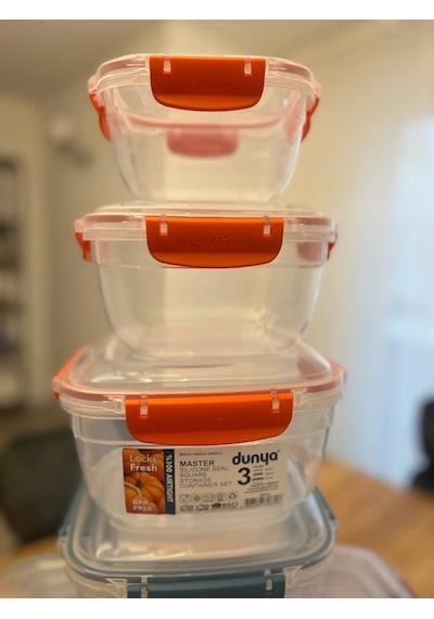 3'lü Master Kare Saklama Kabı Seti, 900ml-1500ml-2400ml, Şeffaf Çok Renkli