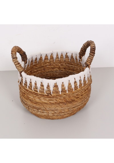Avanos Doğal Abaka El Yapımı Yuvarlak Kulplu Sepet 35x32x32 Cm Bej