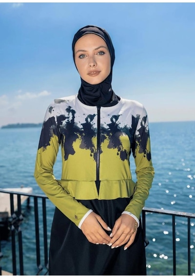 Mayovera Batik Siyah Kapalı Tesettür Tasarım Mayo