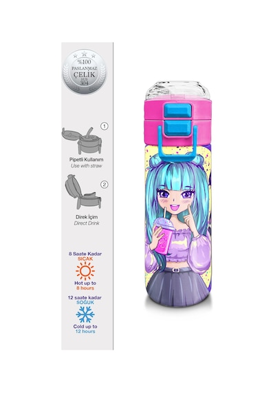 Coral High Kids Mor Pembe Anime Kız Desenli Pipetli Ve Direkt İçim Çelik Termos 500 Ml 31942 Mor