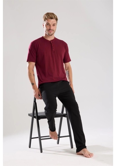 Erkek Bordo Düğmeli Yaka Kısa Kol Pijama Takımı Bordo
